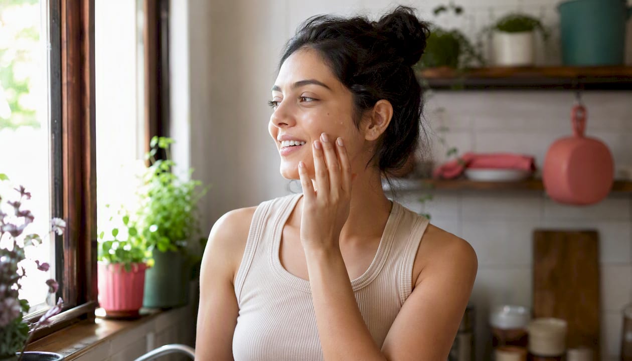 Woman touching smooth skin near eyes