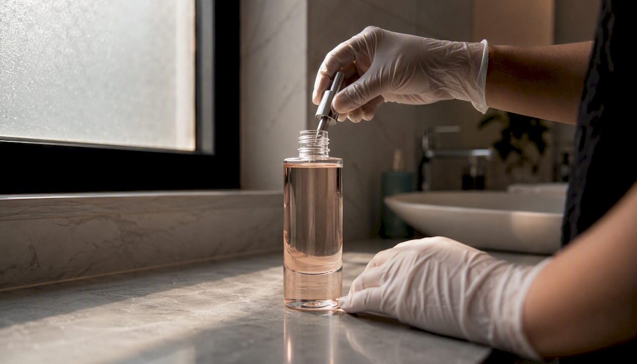 Gloved hand working on cosmetic bottle closure