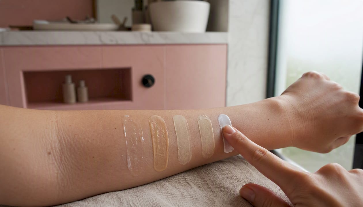 Sunscreen swatches drying on wrist skin