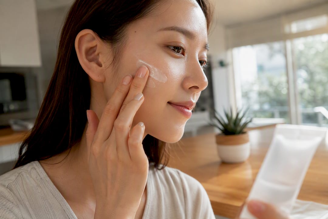 Hands applying Japanese sunscreen gel on face