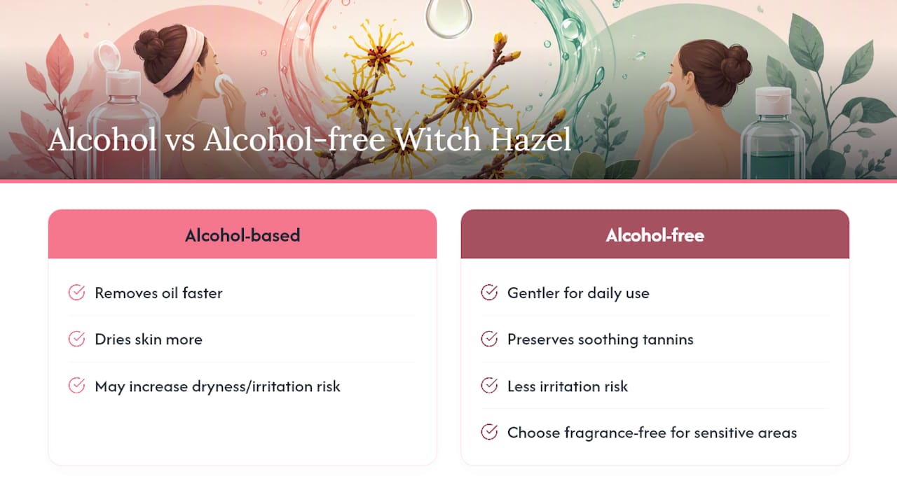 Diagram comparing alcohol-based and alcohol-free witch hazel