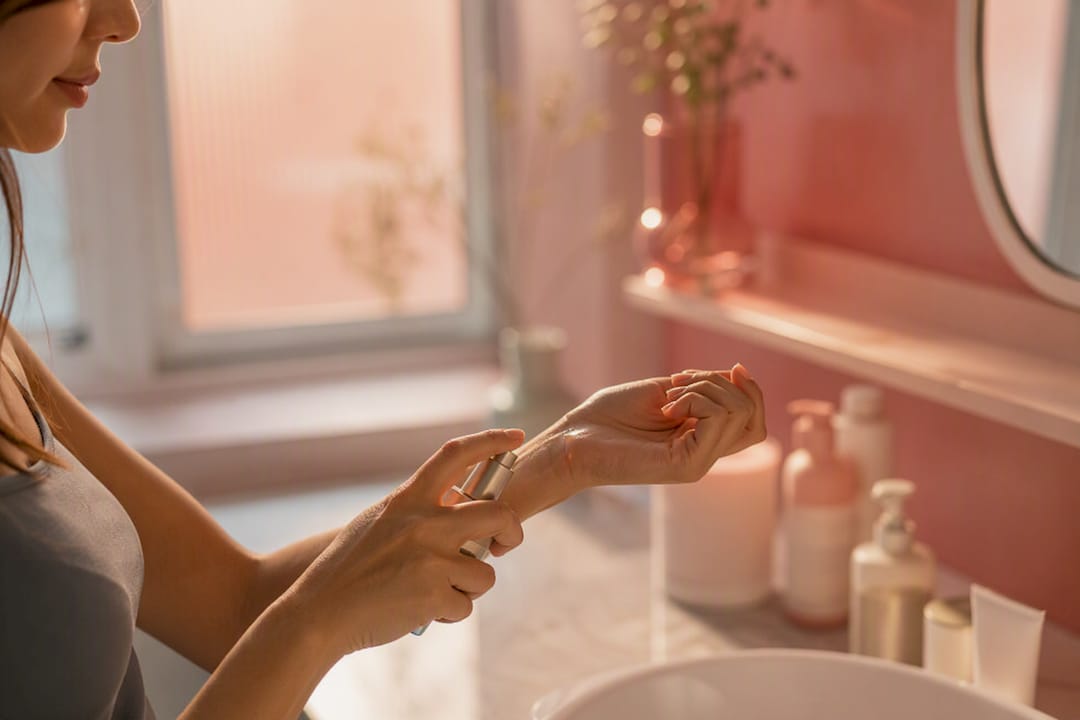 Hands applying personalized serum on wrist