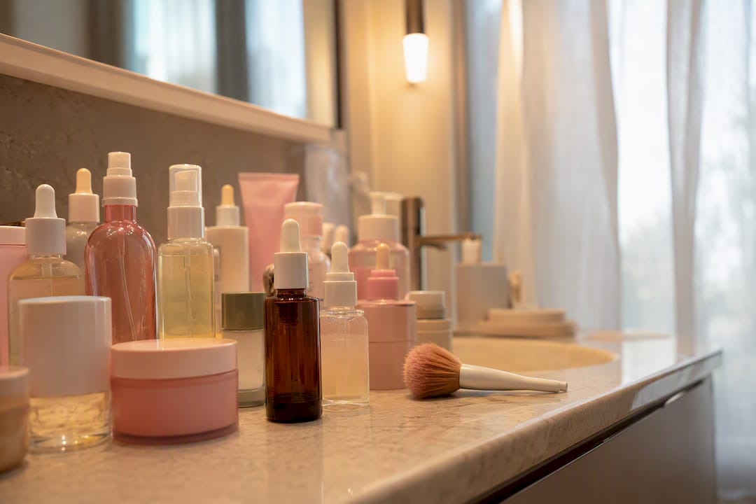 Bathroom shelf with skincare testing tools