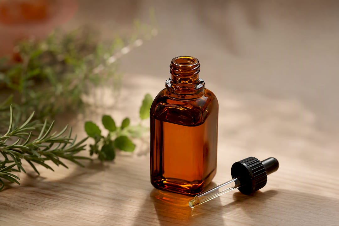 Close-up of amber scalp tonic bottle