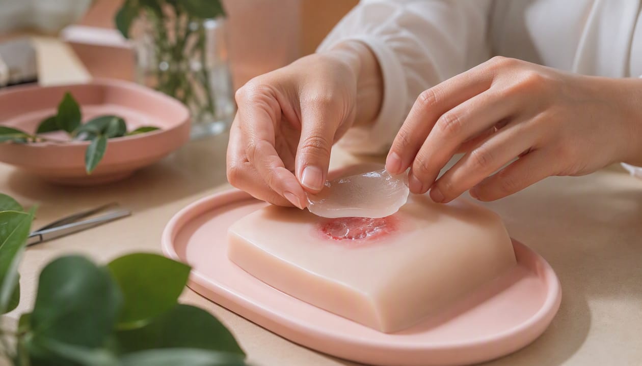 Hands placing hydrogel patch for wound healing