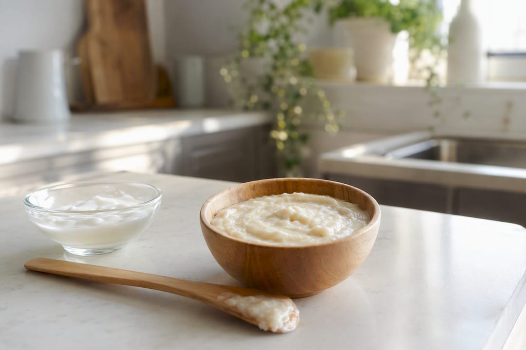 DIY sake lees face mask ingredients on countertop