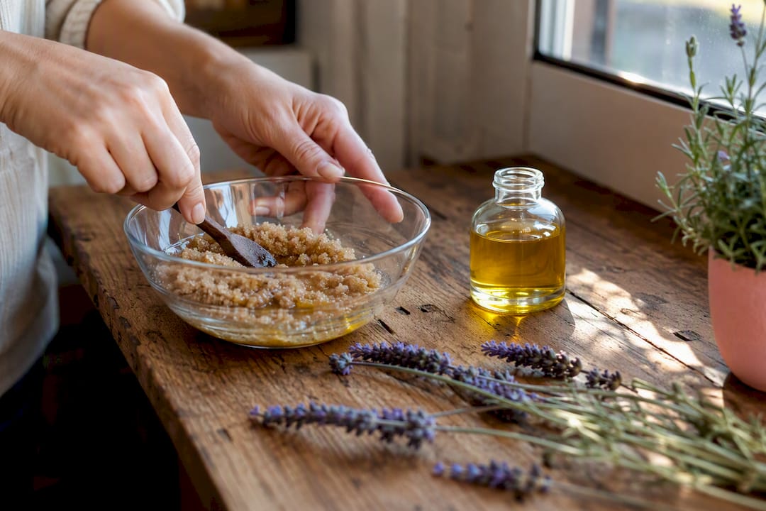 Hands mixing DIY scalp scrub ingredients