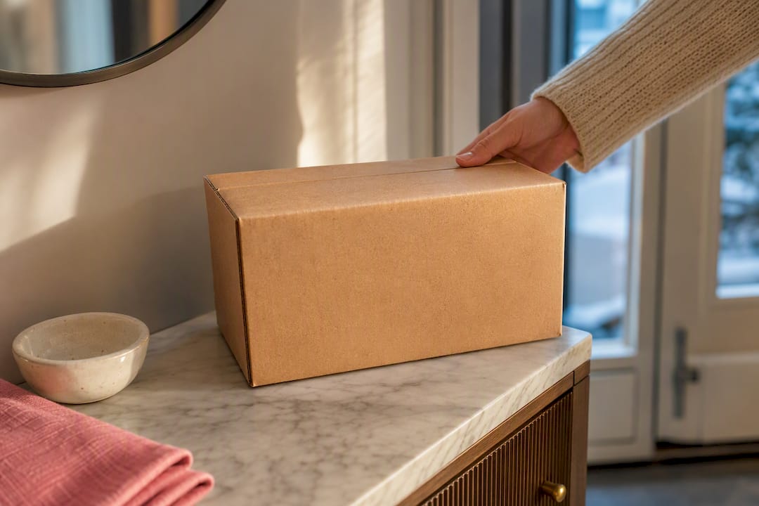 Sealed skincare package acclimating indoors