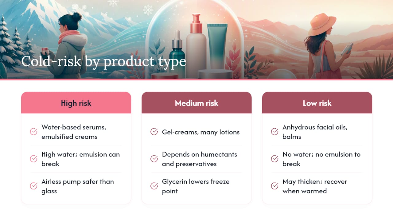 Skincare products arranged by freezing risk