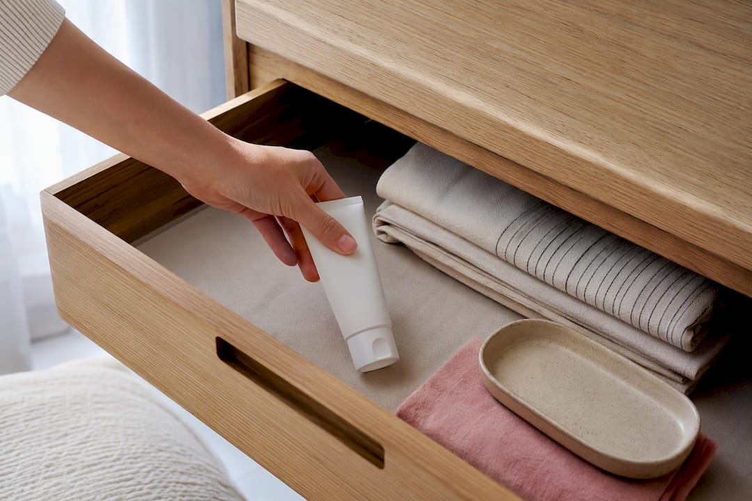 Sunscreen stored inside a cool dry drawer