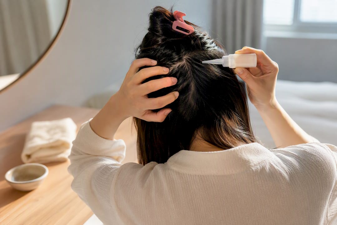 Applying scalp serum directly to hair roots