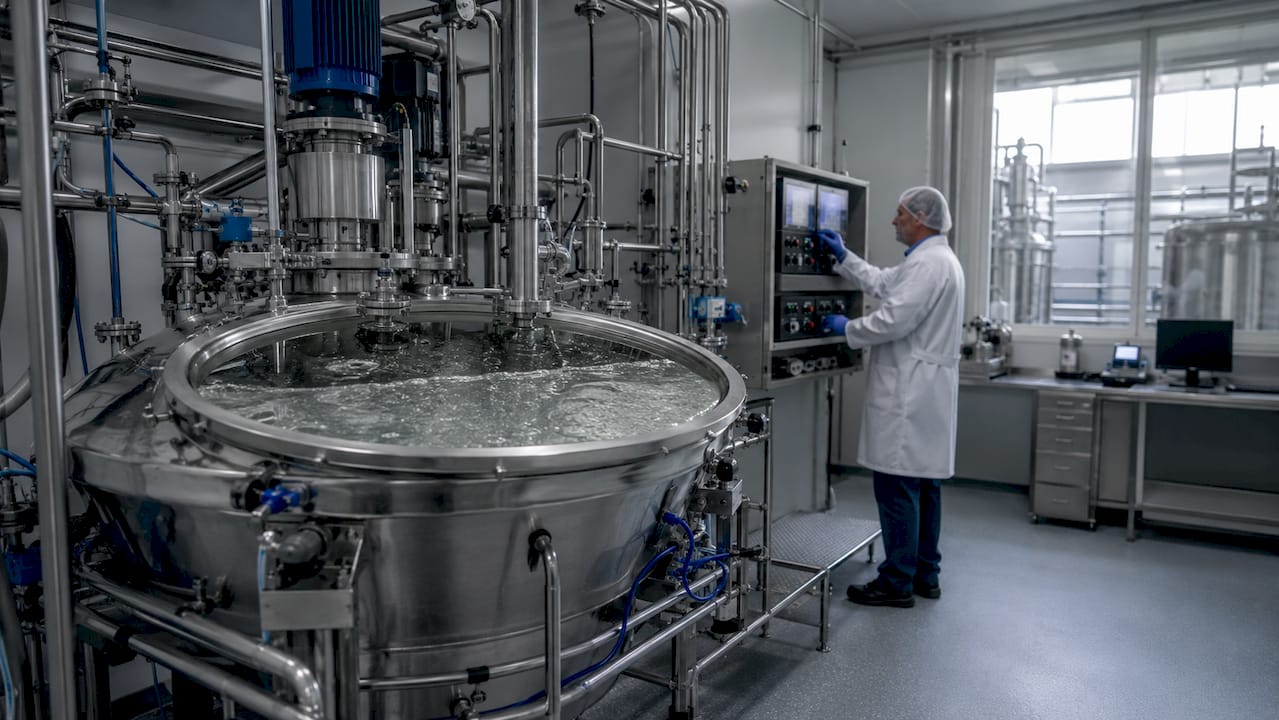Technician operating collagen peptide production equipment