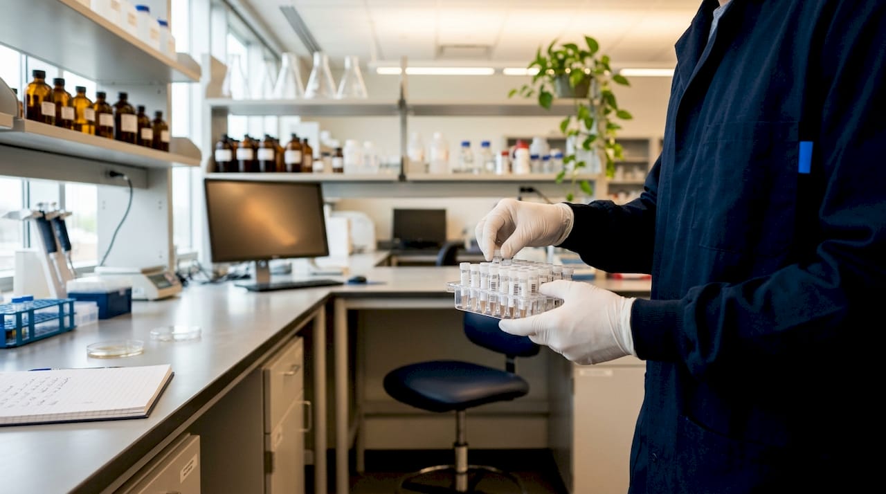 Hands holding test tubes comparing peptide samples