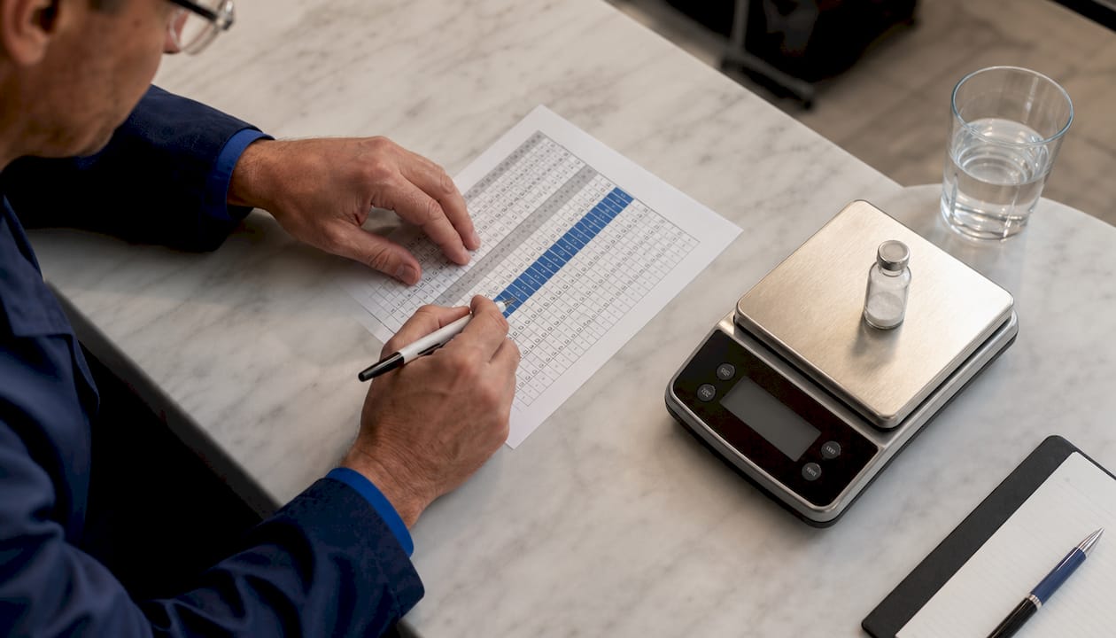 Hands calculating peptide dosage at table