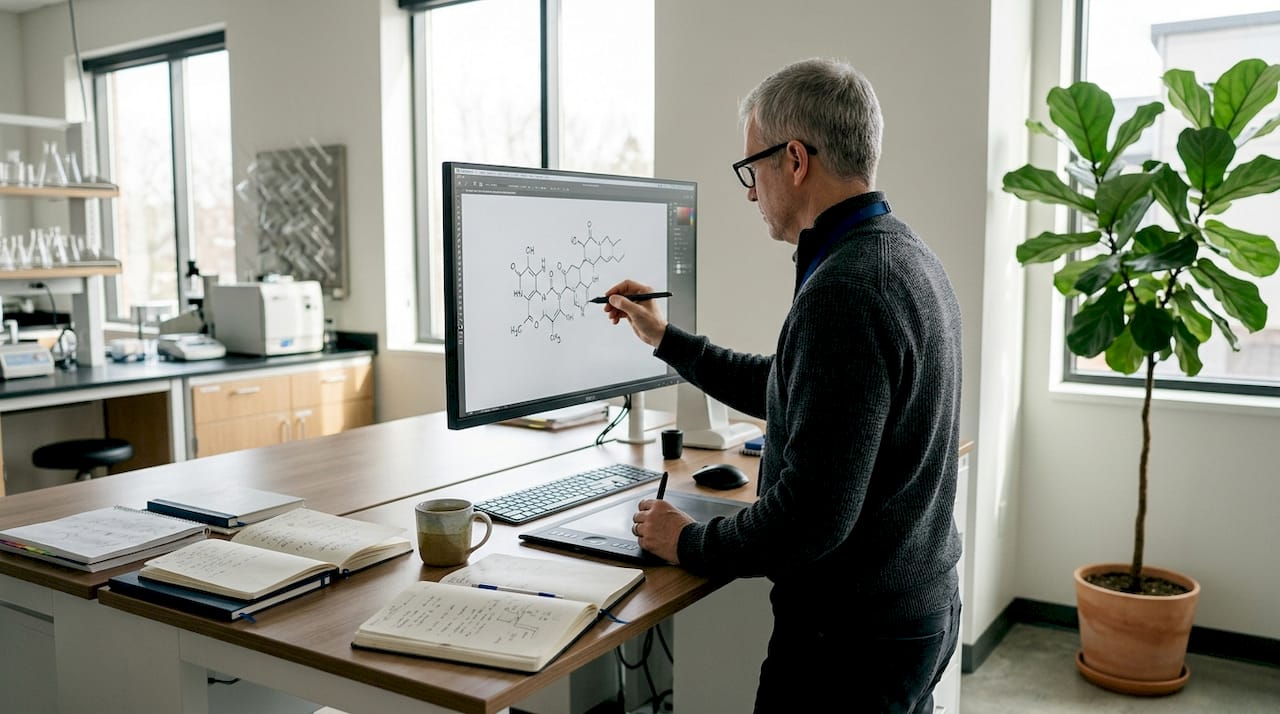 Researcher drawing peptide molecular structure