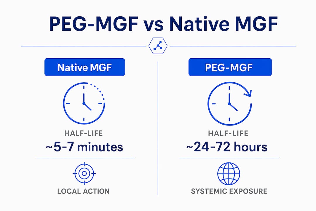 Infographic comparing PEG-MGF and native MGF properties