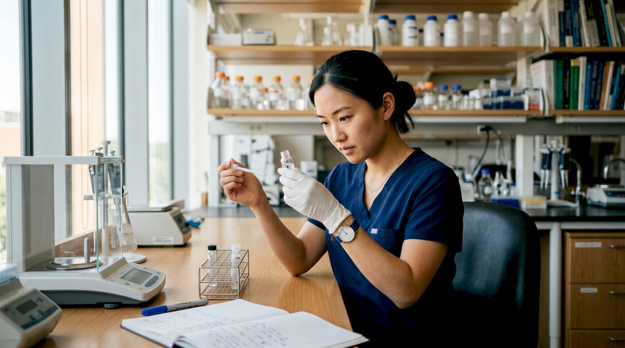 Gloved hands holding peptide solution vial in lab