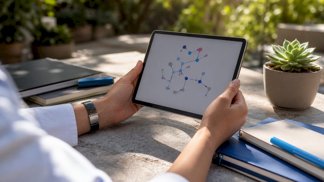 Hands holding tablet with molecular diagram