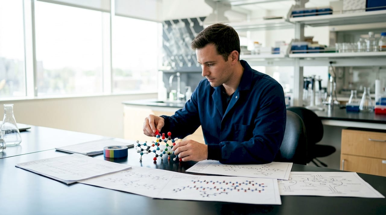 Technician assembling peptide molecular model