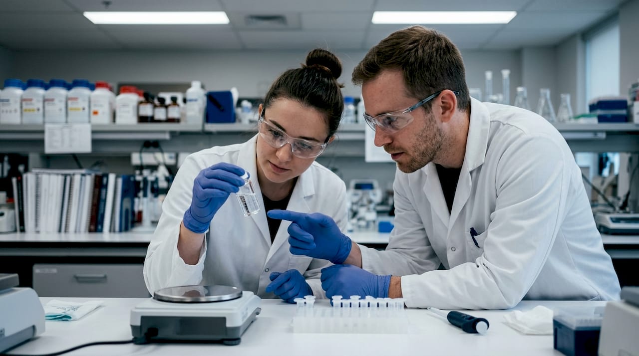 Hands holding peptide vial in lab setting