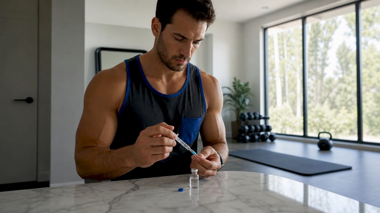 Hands preparing peptide injection in home gym