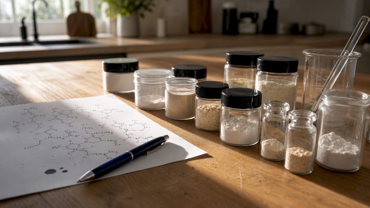 Top-down view of peptide powders and research materials