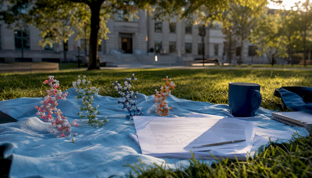 3D thymosin molecular models with research papers on table