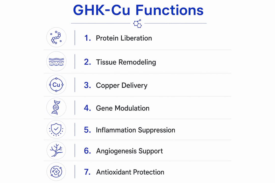 Infographic showing key biological functions of GHK-Cu peptide
