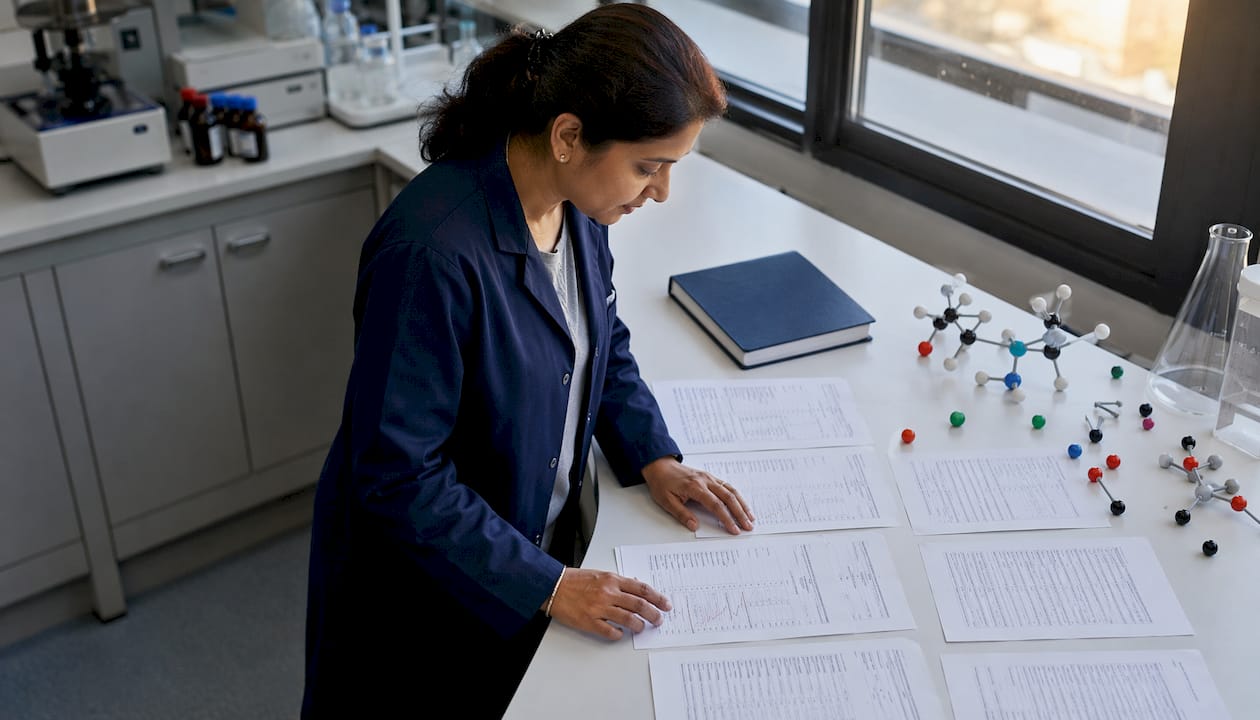 Researcher reviewing MOTS-c peptide purity and certificate documents