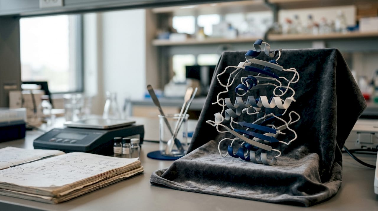 Close-up of IGF-1 molecule model and lab tools