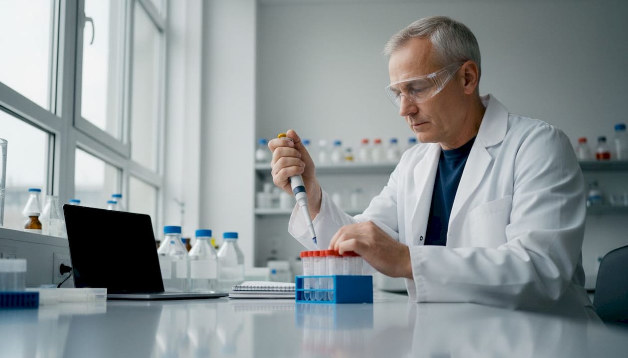 Researcher preparing peptide samples with solvent in lab