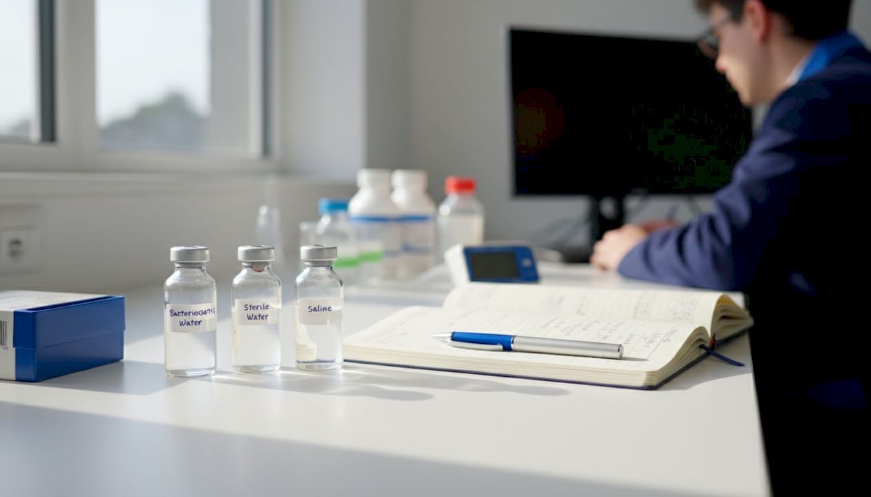 Overhead view of bacteriostatic water, sterile water, saline vials comparison