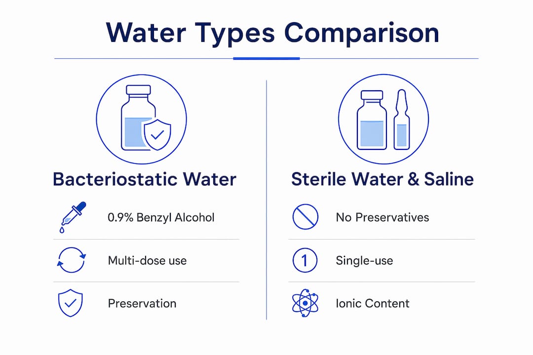 Infographic comparing bacteriostatic water, sterile water, and saline
