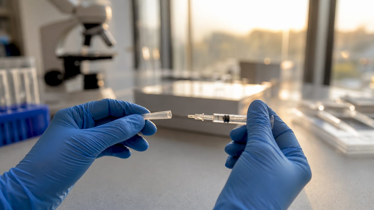 Gloved hands holding syringe for peptide dosing