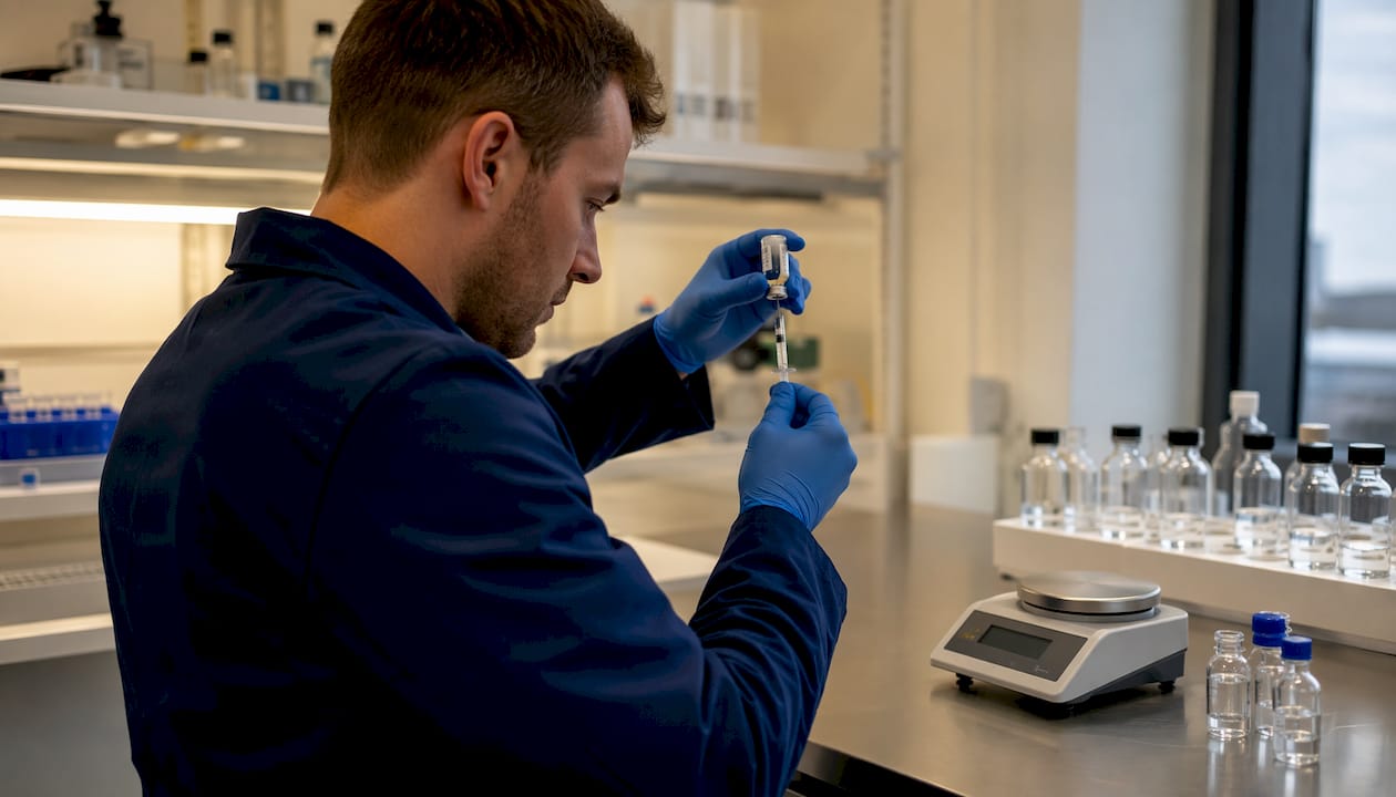 Hands preparing TB-500 peptide syringe