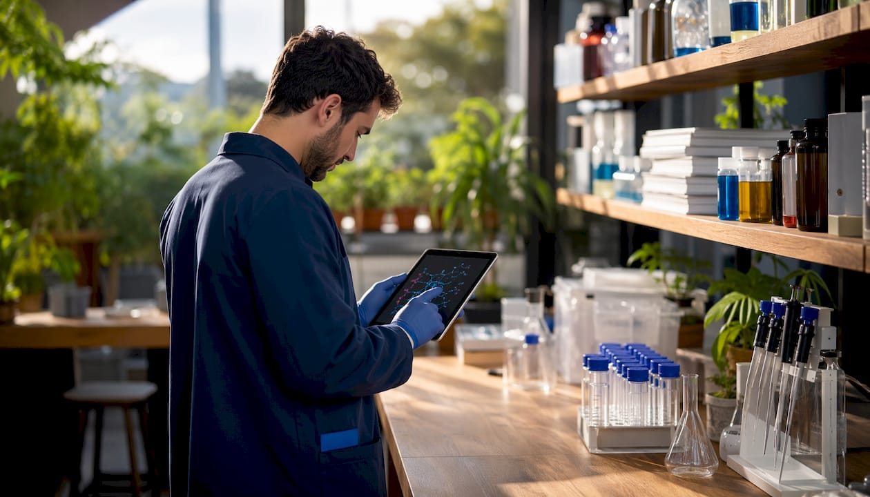 Scientist hands using tablet with molecular diagrams