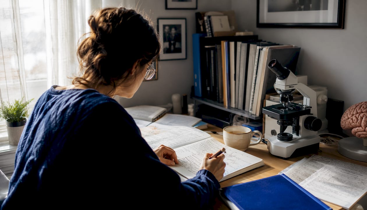 Neuroscientist workspace with brain models and notes