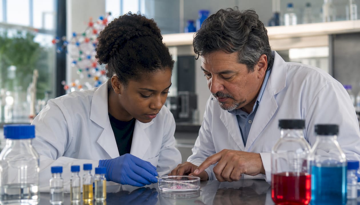 Hands examining cell culture with peptides