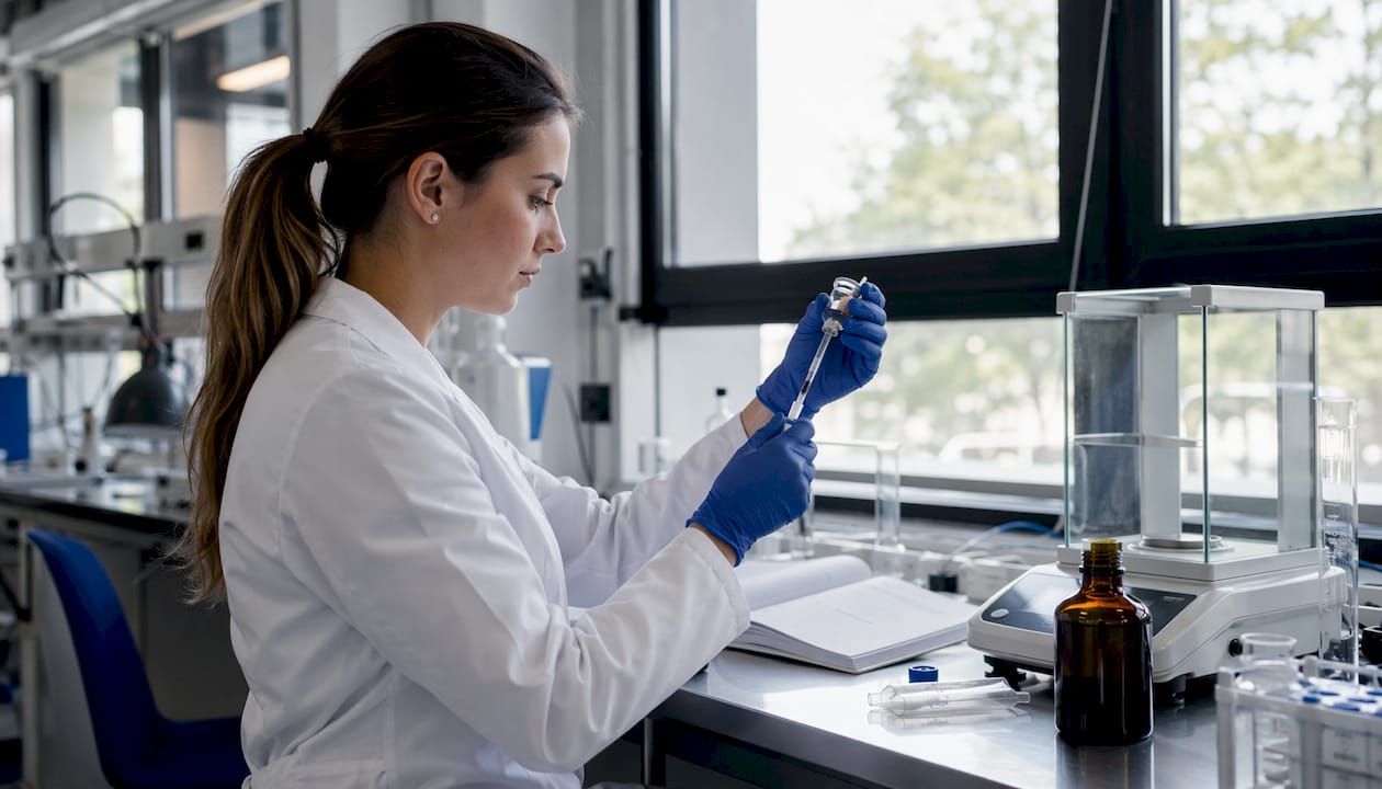 Hands filling syringe with peptide dose in lab