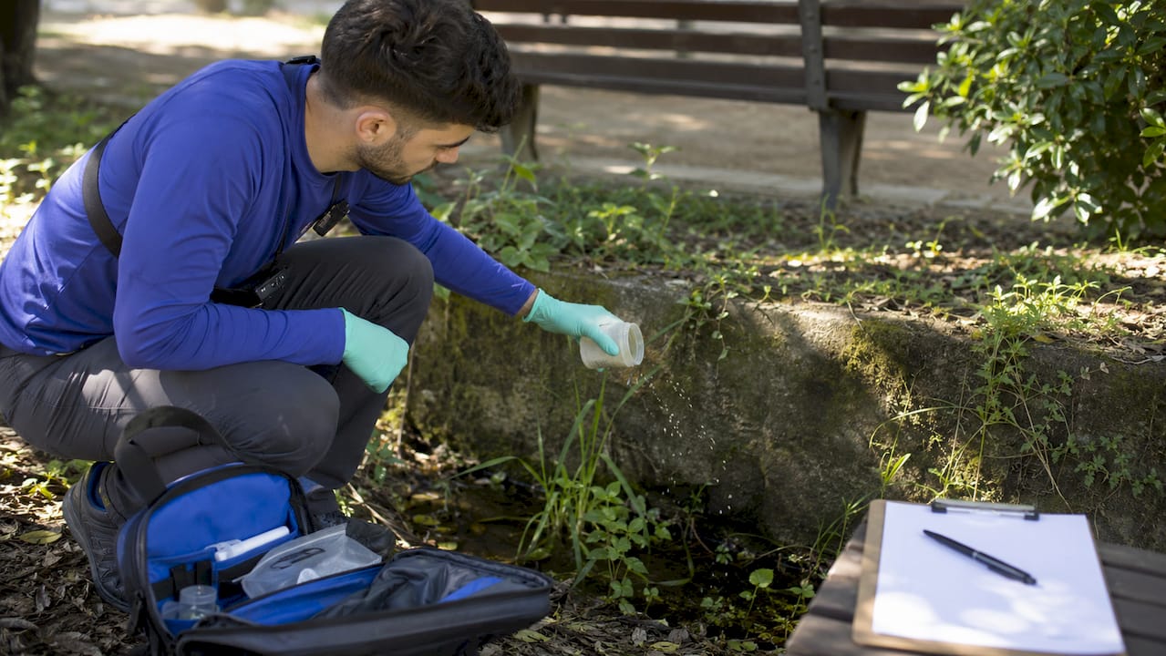Hands applying larvicide to storm drain