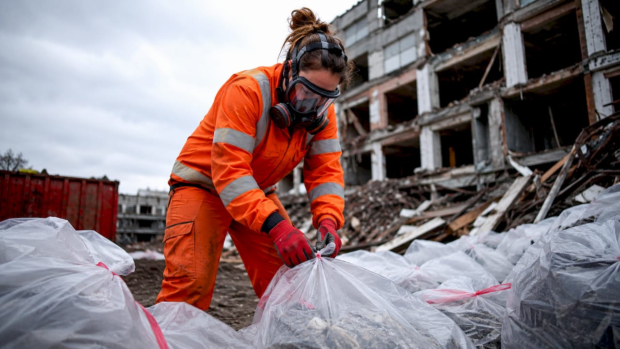 Specialist in protective gear handling asbestos waste bags