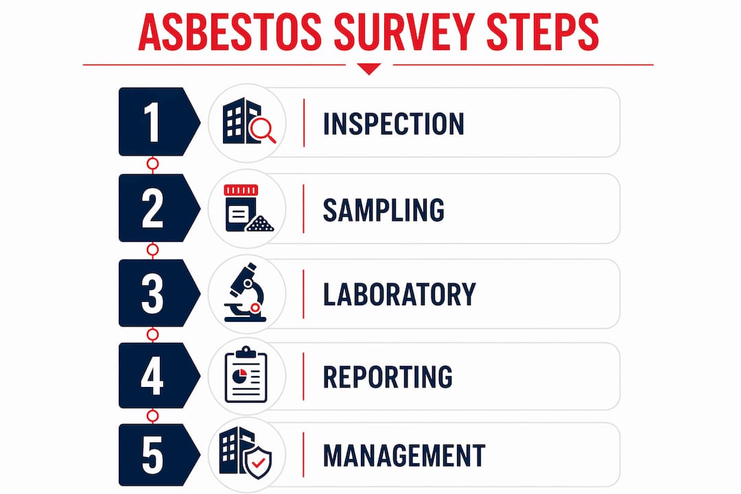 Infographic illustrating five key steps of asbestos survey process
