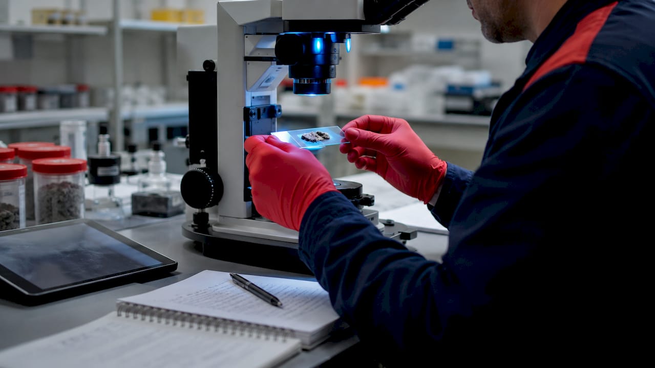 Technician analyzing building material sample in lab