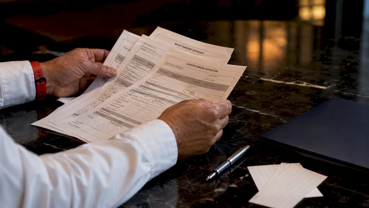 Hands reviewing asbestos waste transport certificates