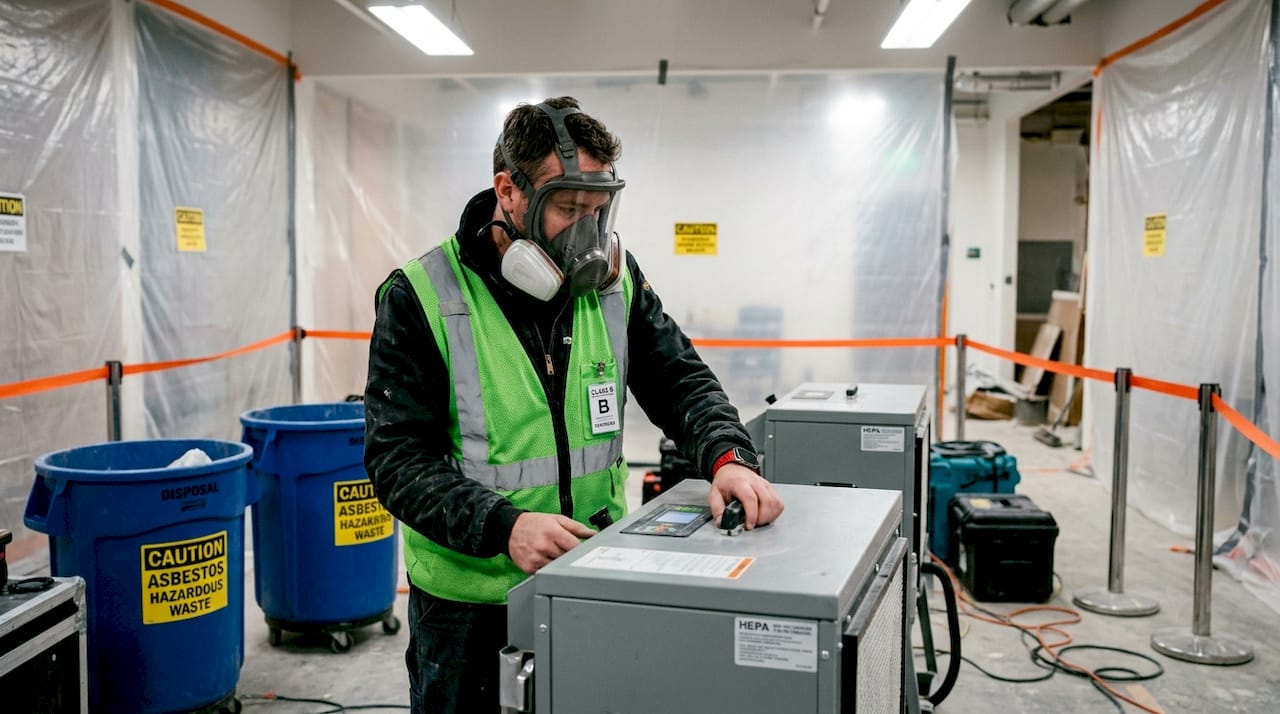 Worker preparing asbestos removal site with safety gear