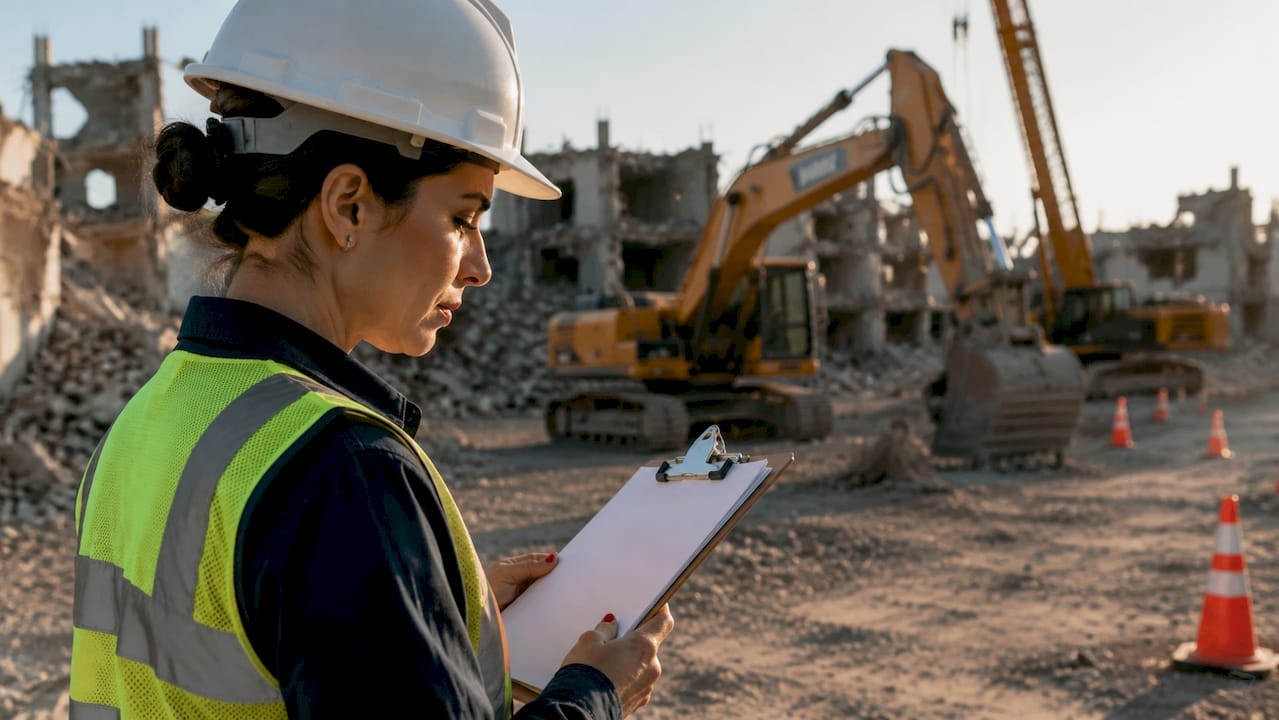 Female inspector checking demolition equipment outdoors