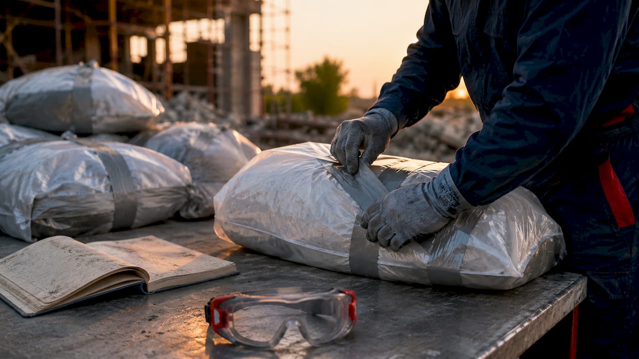 Close-up of asbestos waste being securely packaged