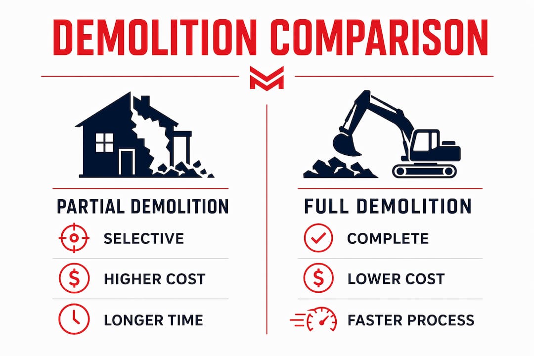 Comparison infographic of partial and full demolition