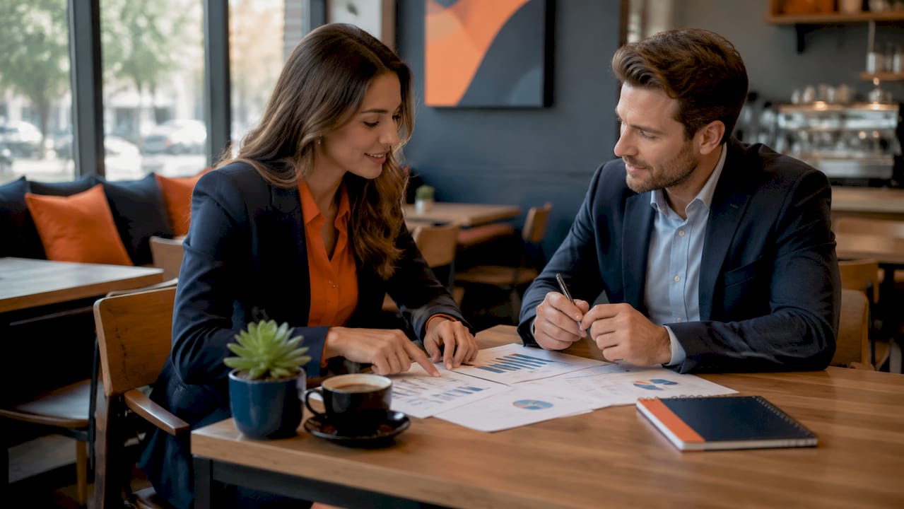 Two professionals discussing workforce planning documents together