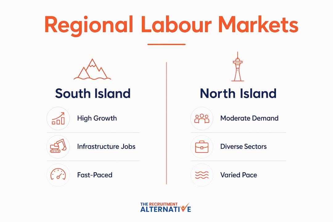 Infographic comparing South and North Island labour markets